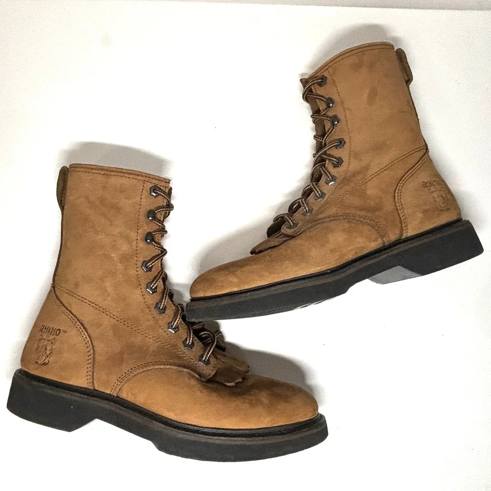 Rhino Work Boots Mens Size 8.5 Tan Nubuck Leather Kiltie Lace Up Gorpcore Hiking